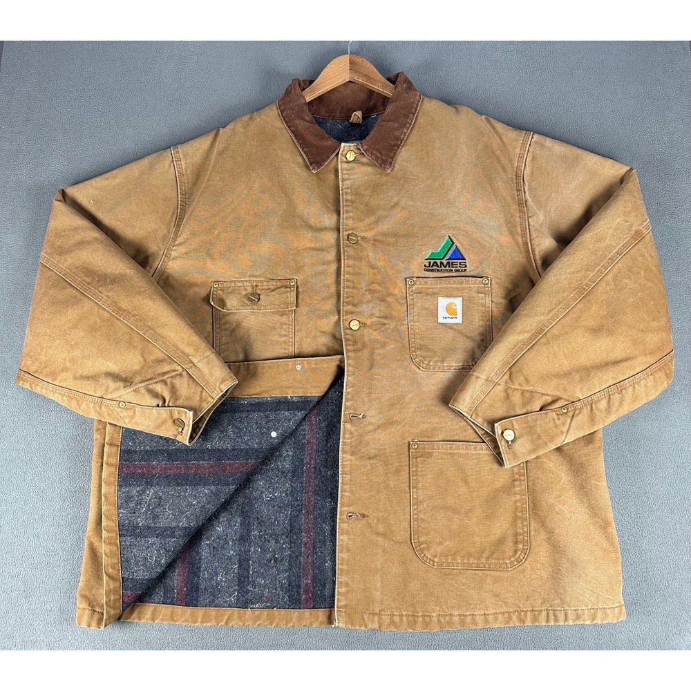 Carhartt Jacket Mens 56 Brown Distressed Canvas Blanket Corduroy Collar C01 BRN